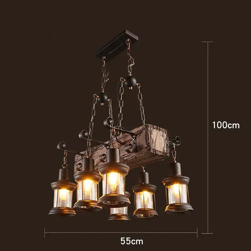 Rustic vintage wood ceiling chandelier with five dark metal framed lantern lights and clear glass panels for dining room