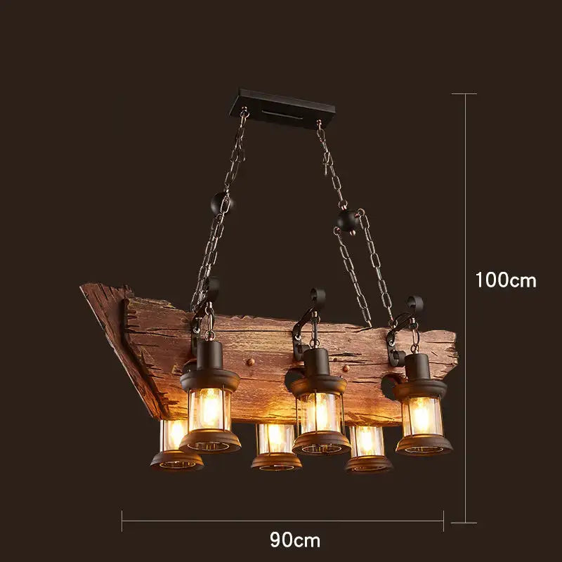 Vintage wood ceiling chandelier with rustic wooden beams and five lantern-style lights suspended by black metal chains