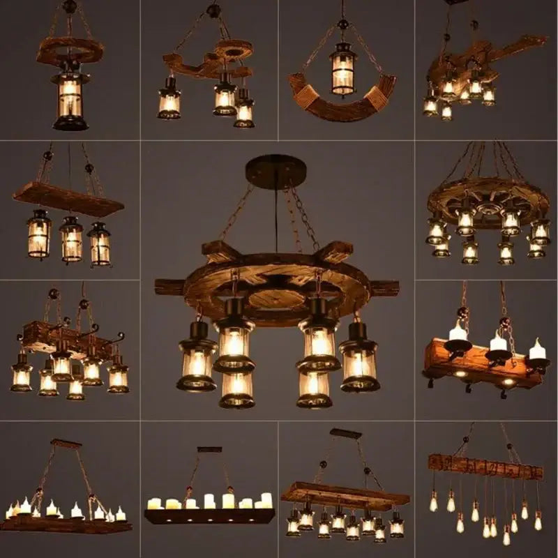 Rustic vintage wood ceiling chandelier with lantern-style bulbs and metal accents for dining room lighting
