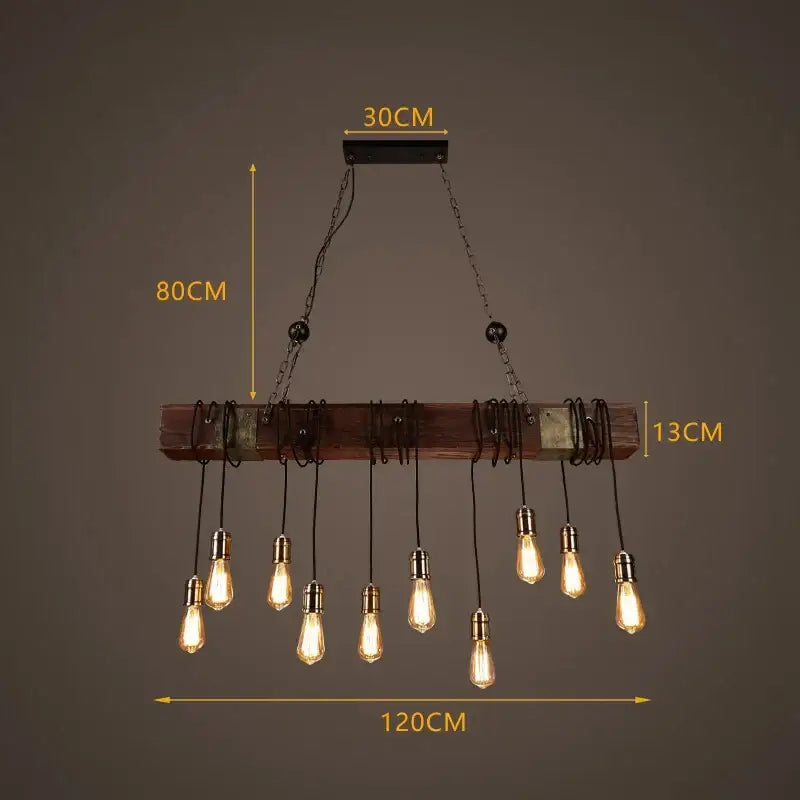 Industrial vintage wood ceiling chandelier with dark wood beam black metal chains and exposed edison bulbs for dining room