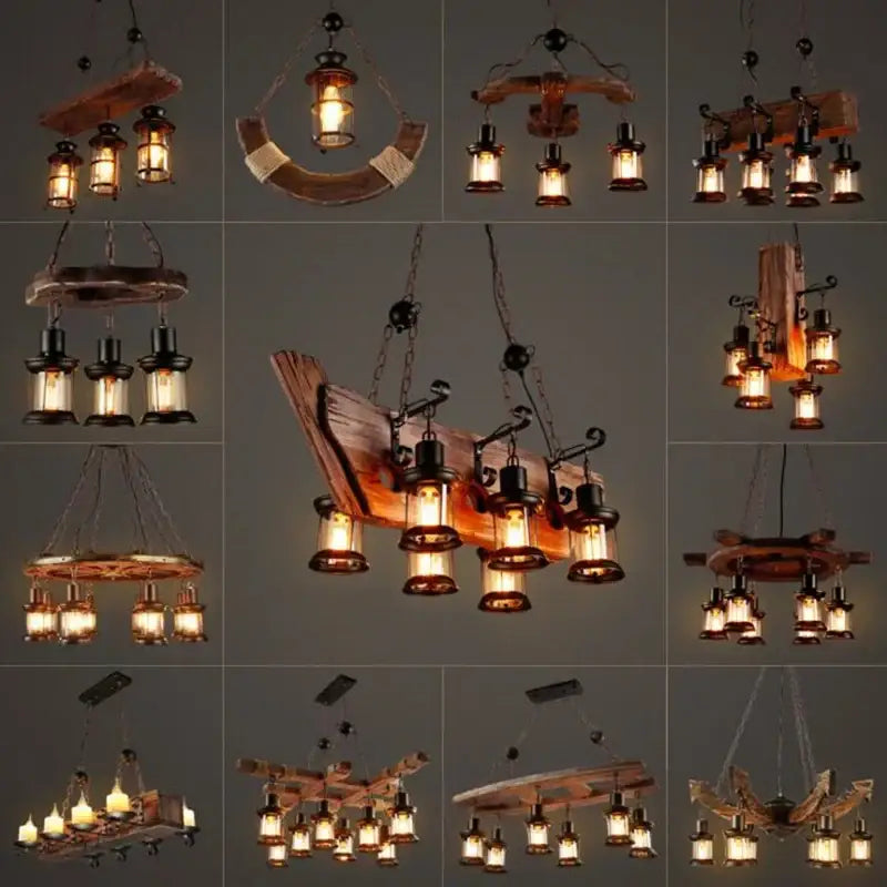 Vintage wood ceiling chandelier with rustic wooden frame, metal accents, and multiple lantern-style bulbs for dining room