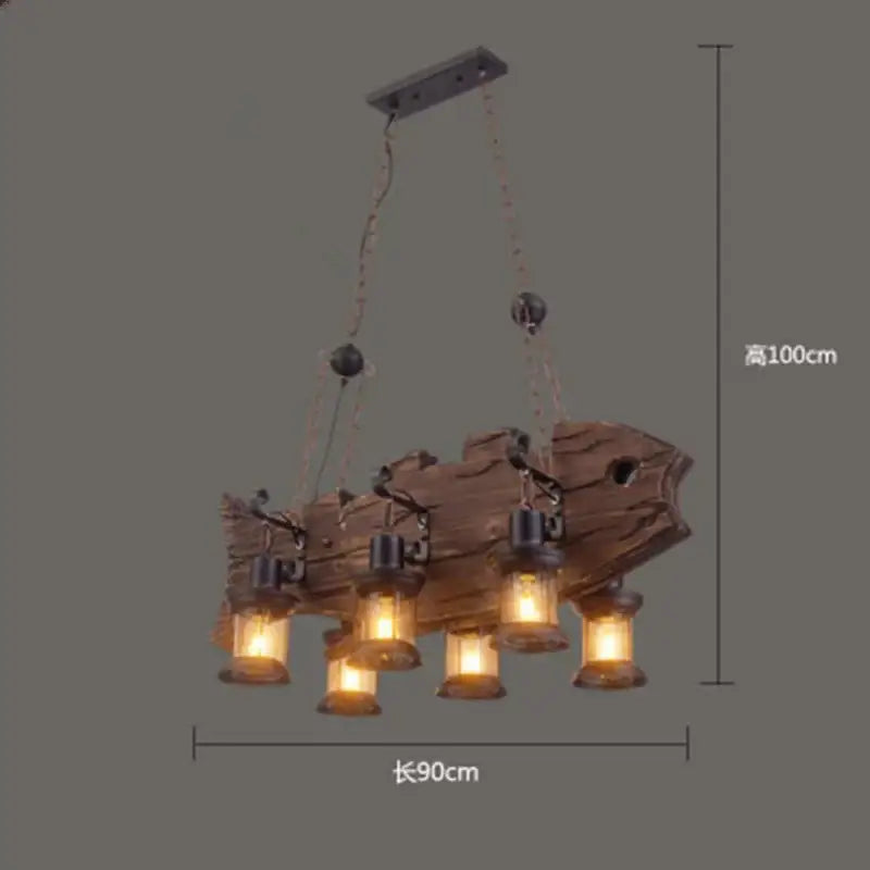 Vintage wood ceiling chandelier with five warm-toned glass lanterns and rustic wooden log frame for dining room lighting
