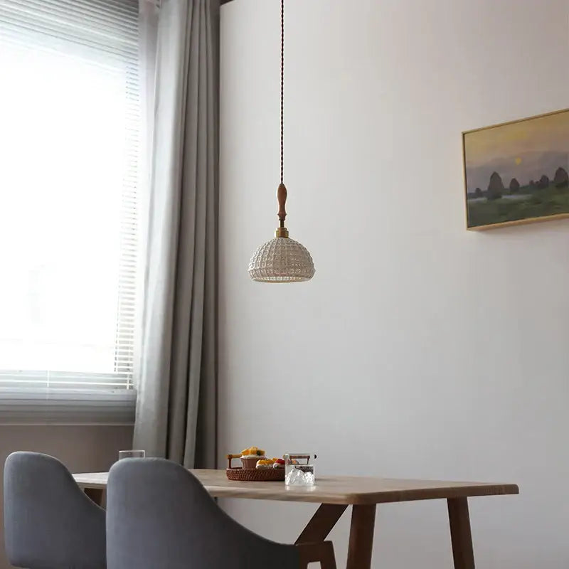 Vintage woven rattan ceramic led pendant light with beige handwoven shade wooden top and brass accents for dining room decorbites ceramic led pendant
