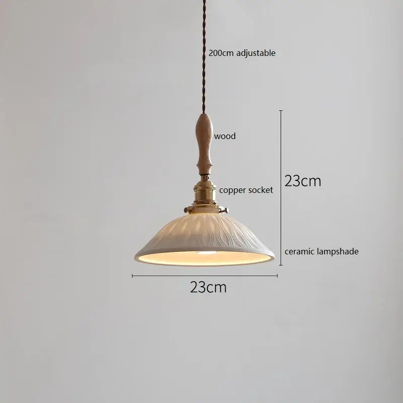 Vintage ceramic led pendant light with wooden handle copper socket and off-white embossed shade for dining room decorbites