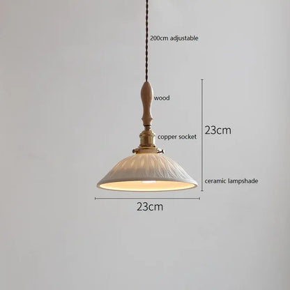 Vintage ceramic led pendant light with wooden handle copper socket and off-white embossed shade for dining room decorbites