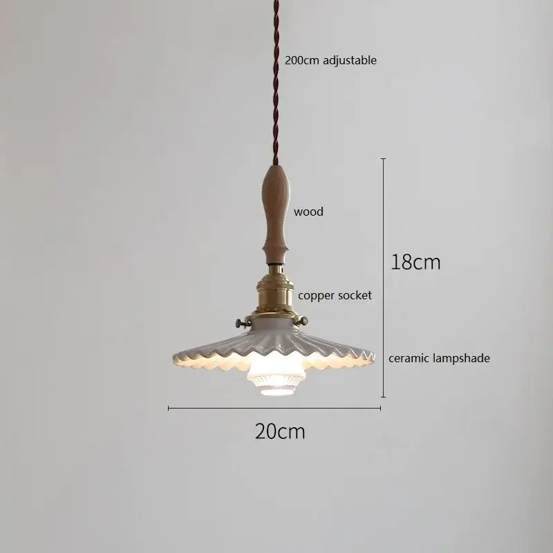 Vintage woven rattan ceramic led pendant light with wooden handle copper socket and white scalloped ceramic led pendant shade