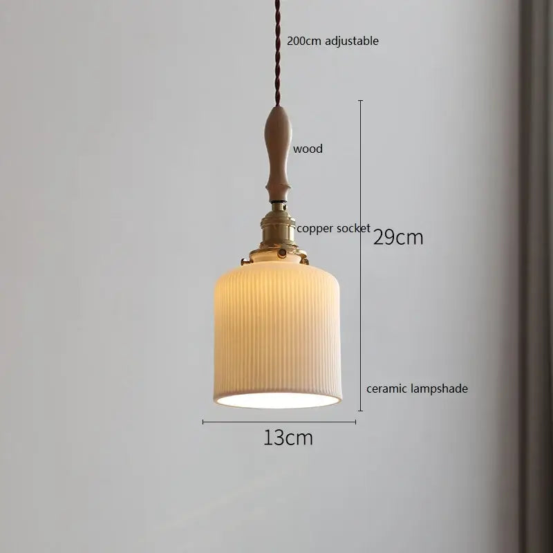 Vintage woven rattan ceramic led pendant light with warm-toned ridged ceramic lampshade and wooden handle by Decorbites