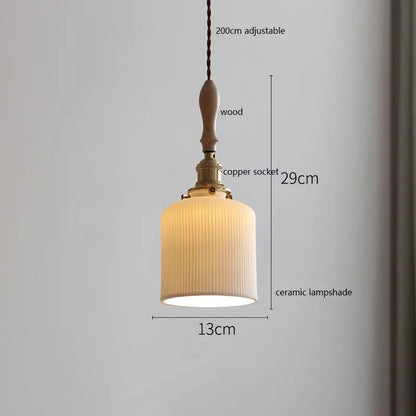 Vintage woven rattan ceramic led pendant light with warm-toned ridged ceramic lampshade and wooden handle by Decorbites