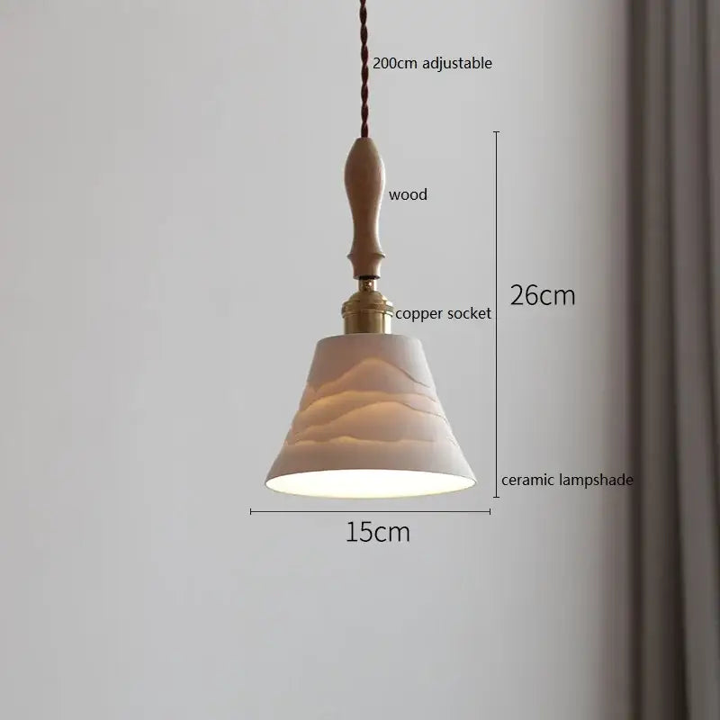Warm-toned vintage woven rattan ceramic led pendant light with textured lampshade and wooden handle for dining room decorbites ceramic led