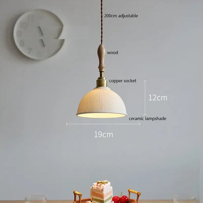 Warm-toned vintage woven rattan ceramic led pendant light with vertical ridges wood handle and copper socket for dining room decorbites ceramic led pendant