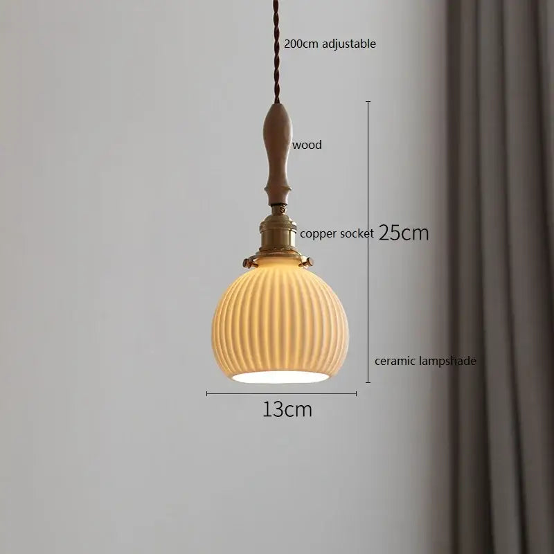 Warm-toned vintage woven rattan ceramic led pendant light with vertical ridges and wooden handle for dining room decorbites ceramic led pendant