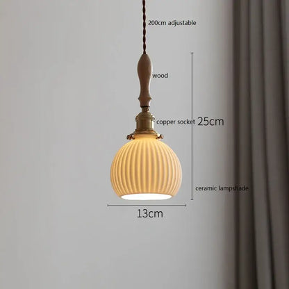 Warm-toned vintage woven rattan ceramic led pendant light with vertical ridges and wooden handle for dining room decorbites ceramic led pendant