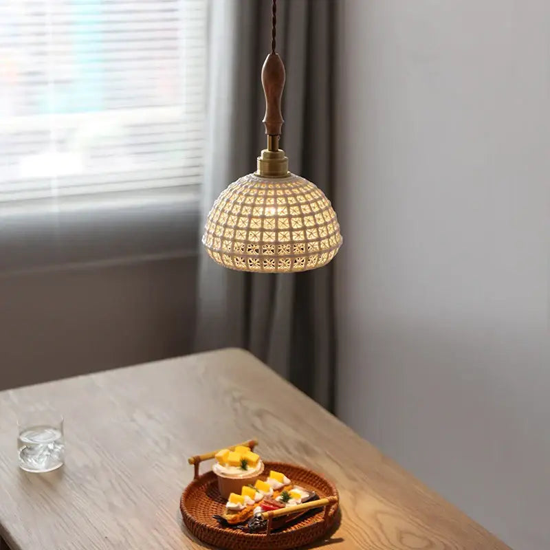 Vintage warm-toned ceramic led pendant light with woven rattan shade and wooden handle for dining room decorbites pendant lights