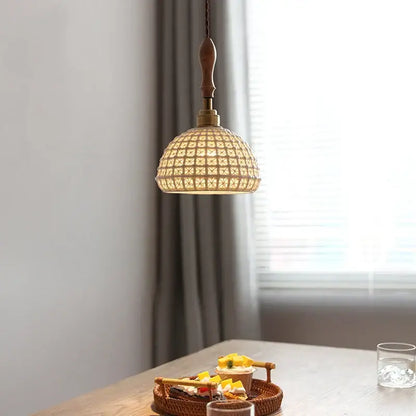 Warm-toned vintage woven rattan ceramic led pendant light with wooden handle for dining room decorbites ceramic led pendant
