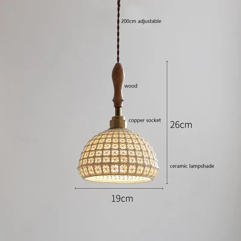 A warm-toned ceramic led pendant light with woven rattan pattern and wooden handle for dining room decorbites ceramic led