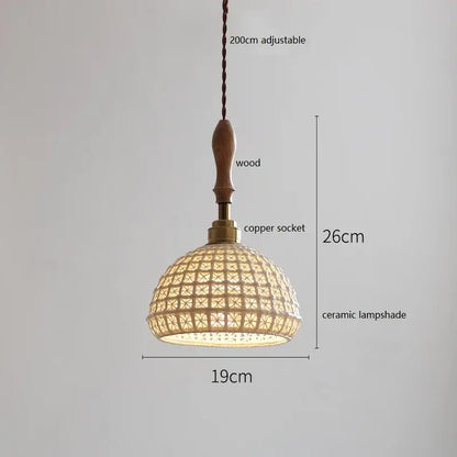 A warm-toned ceramic led pendant light with woven rattan pattern and wooden handle for dining room decorbites ceramic led