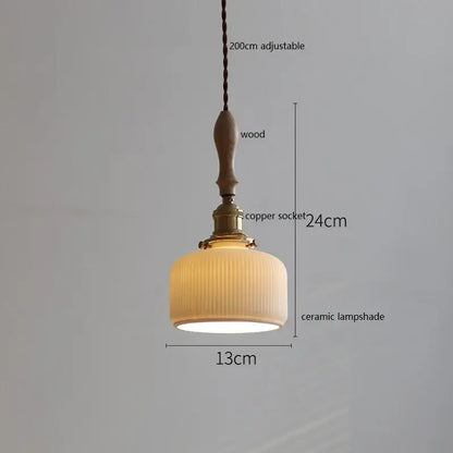 Warm-toned vintage woven rattan ceramic led pendant light with vertical ridges and wooden handle for dining room decorbites ceramic led