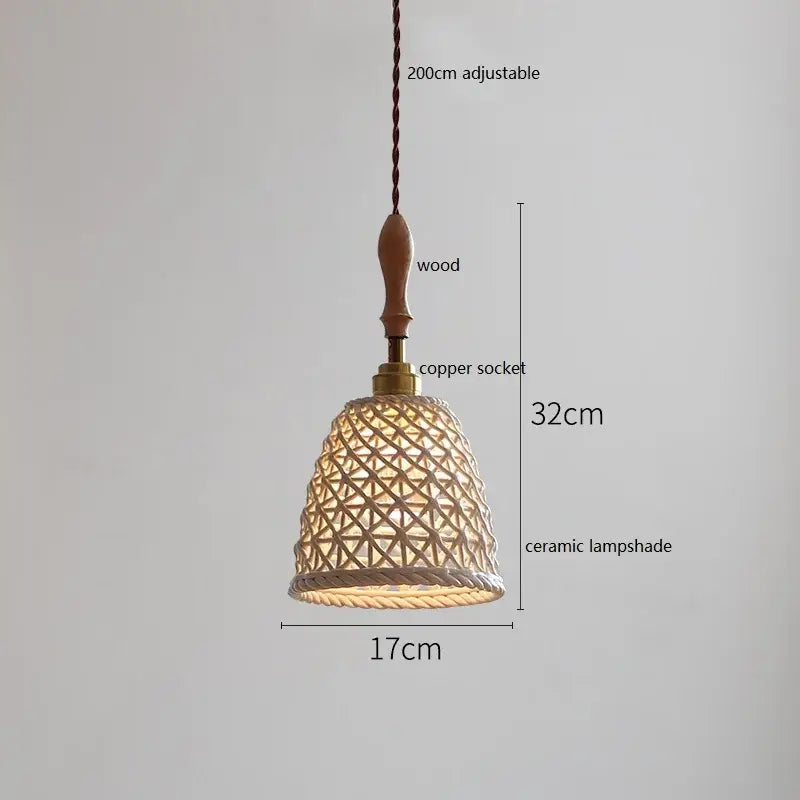 A warm-toned vintage woven rattan ceramic led pendant light with geometric lattice design for dining room decorbites ceramic led
