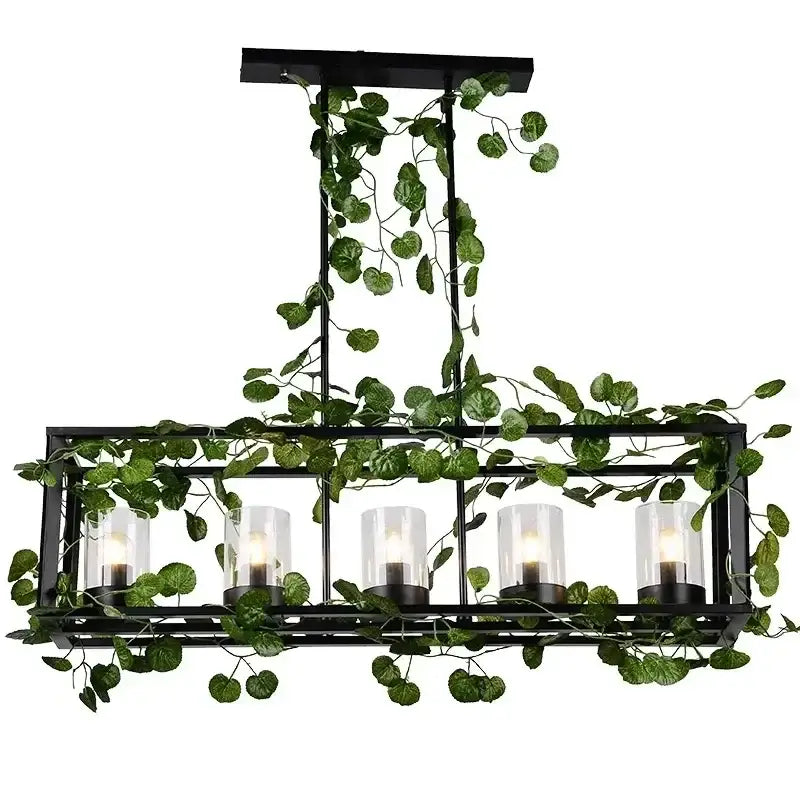 Black metal rectangular bird cage chandelier with five clear glass candle holders and green ivy decorbites bird cage design