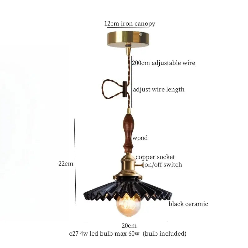 Black ceramic led pendant light with wooden handle and brass accents for kitchen dining room pendant lights