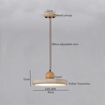 A vintage yellow travertine glass ball led pendant lamp with circular shade and wooden canopy for dining room decorbites