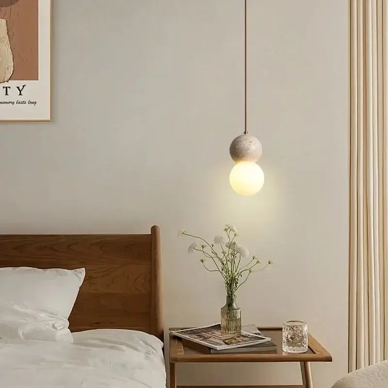 Concrete pendant lamps with matte speckled gray upper sphere and smooth white lower globe for decorbites glass ball led lighting