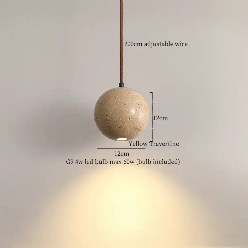 Vintage yellow travertine glass ball led pendant lamp made of textured stone with 200cm adjustable wire for dining room decorbites pendant lamps