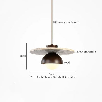 A modern pendant lamp with a yellow travertine disc and dark bronze dome by decorbites glass ball led pendant lamps