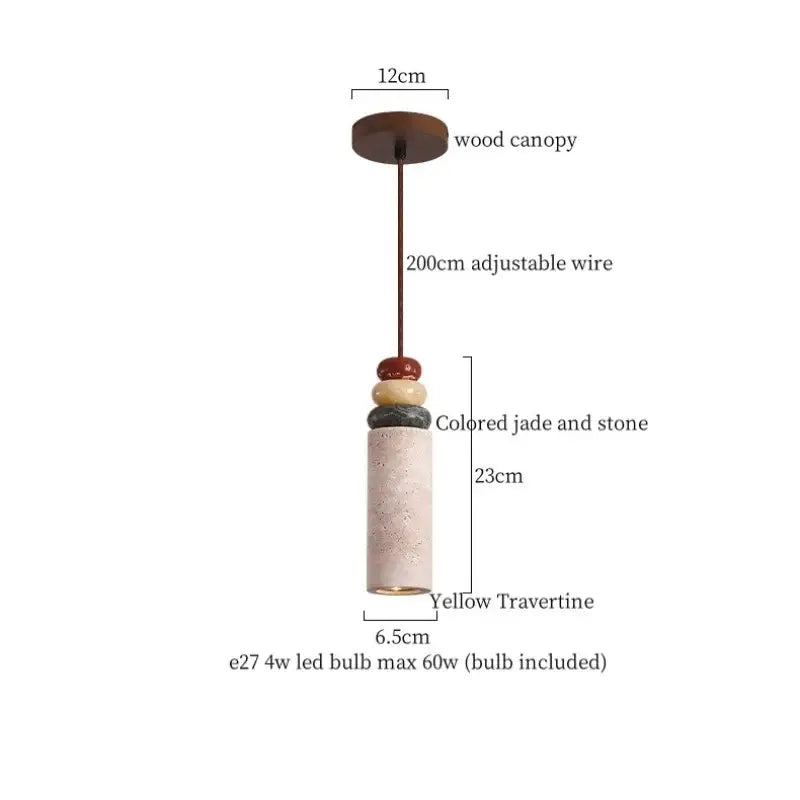 Vintage yellow travertine glass ball led pendant lamps featuring a cylindrical travertine pendant light with jade beads