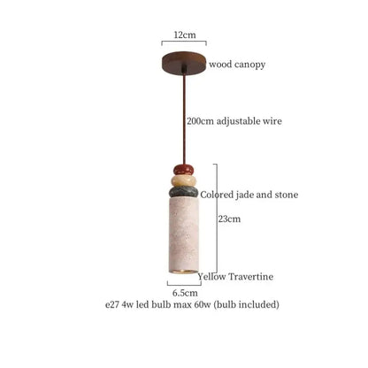 Vintage yellow travertine glass ball led pendant lamps featuring a cylindrical travertine pendant light with jade beads