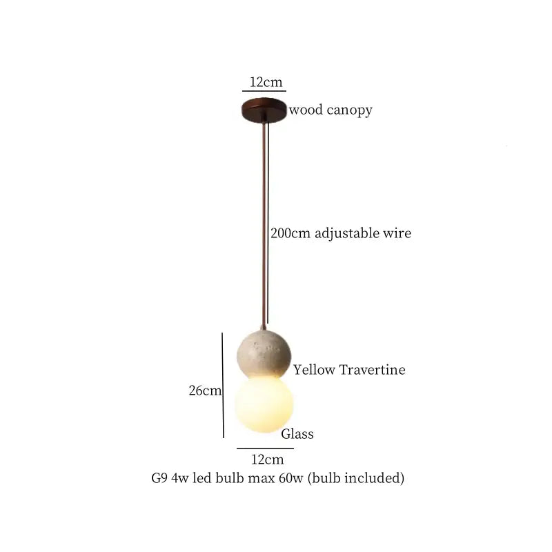 A vintage yellow travertine glass ball led pendant lamp with dark wood canopy and adjustable metal wire for dining rooms