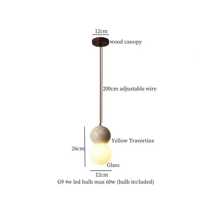 A vintage yellow travertine glass ball led pendant lamp with dark wood canopy and adjustable metal wire for dining rooms