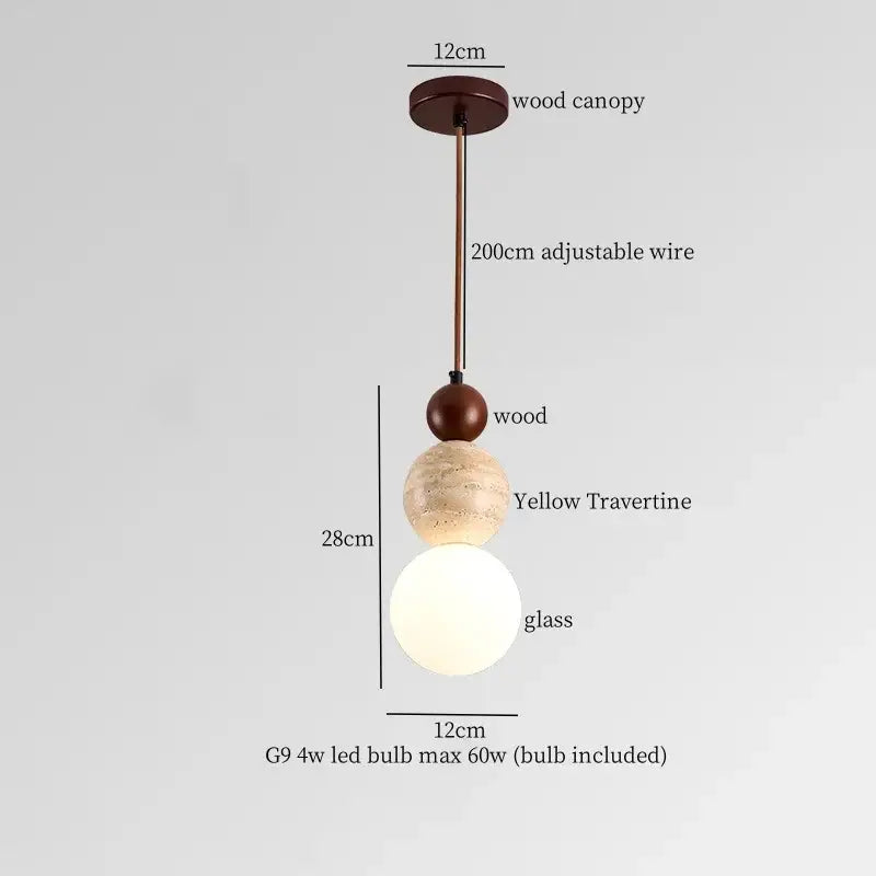 Modern pendant lamp with dark wood canopy, adjustable bronze wire, and layered yellow travertine glass ball led globe for dining room decorbites