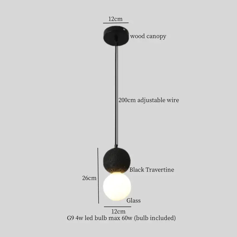 Black travertine and glass globe pendant lamps with 200cm adjustable wire for dining room decorbites glass ball led light
