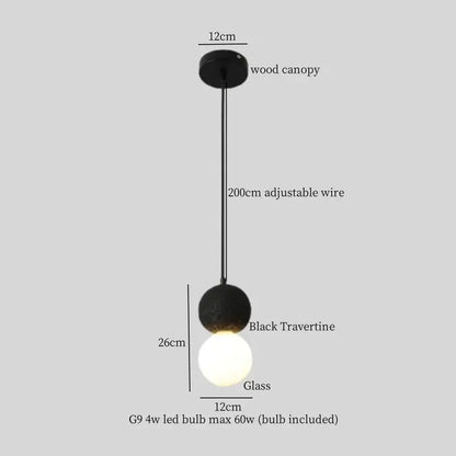 Black travertine and glass globe pendant lamps with 200cm adjustable wire for dining room decorbites glass ball led light