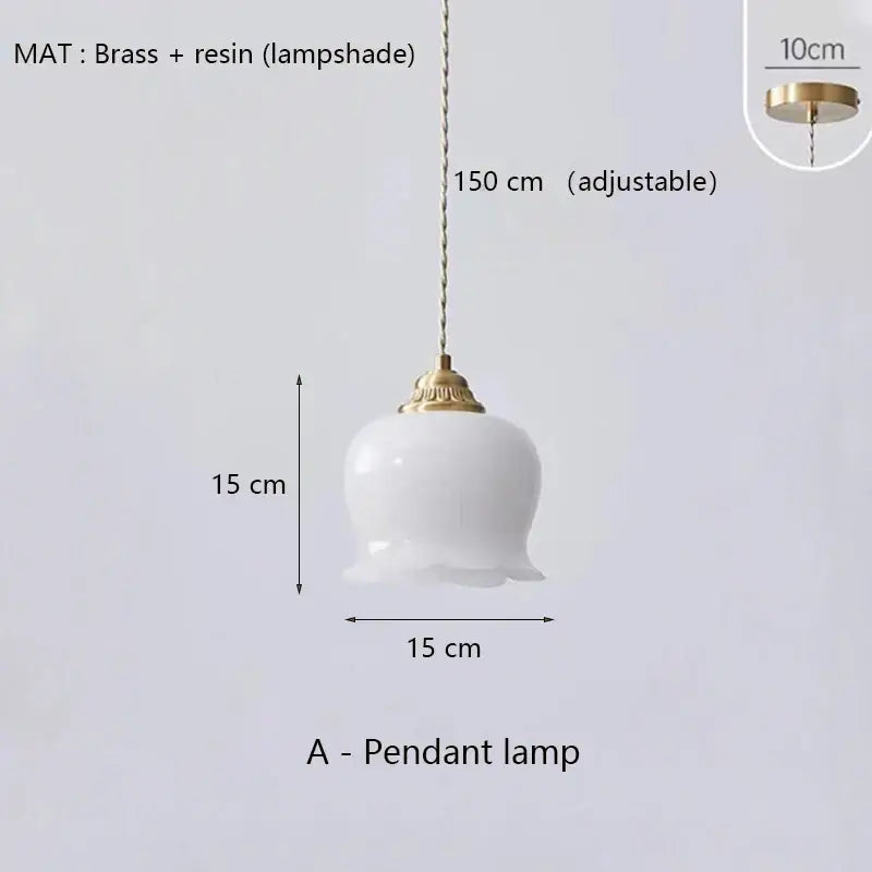 A delicate white resin pendant light with brass resin led top and chain in classic bell shape for dining room decorbites brass resin