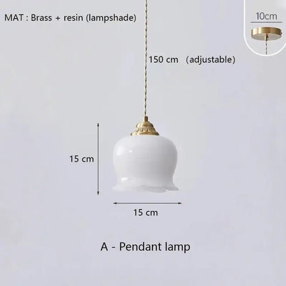 A delicate white resin pendant light with brass resin led top and chain in classic bell shape for dining room decorbites brass resin