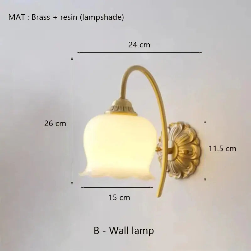Vintage yellow tulip brass resin led pendant light with gold-toned brass wall lamp and translucent glowing resin shade