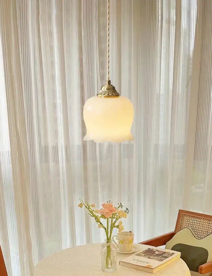 Vintage yellow tulip brass resin led pendant light with soft off-white glass and brass resin led fixture for dining room decorbites brass resin
