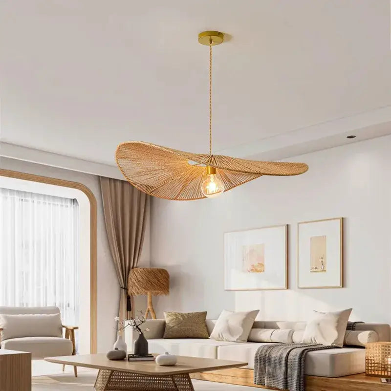Wabi sabi bamboo fan pendant light in golden-toned woven rattan with exposed bulb for dining room pendant lights