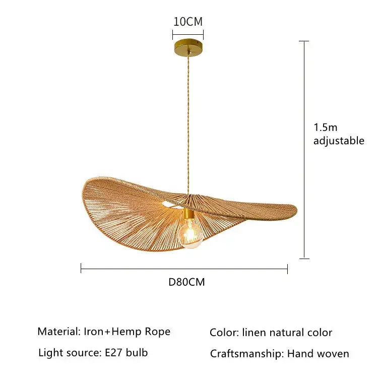 Wabi sabi chandelier pendant light with bamboo fan design in natural linen color made from iron and hemp rope for dining room
