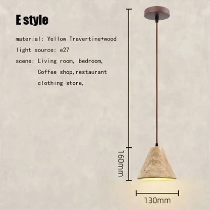 A warm-toned cone-shaped pendant light made of yellow travertine and wood for elegant wabi sabi decorbites ambiance