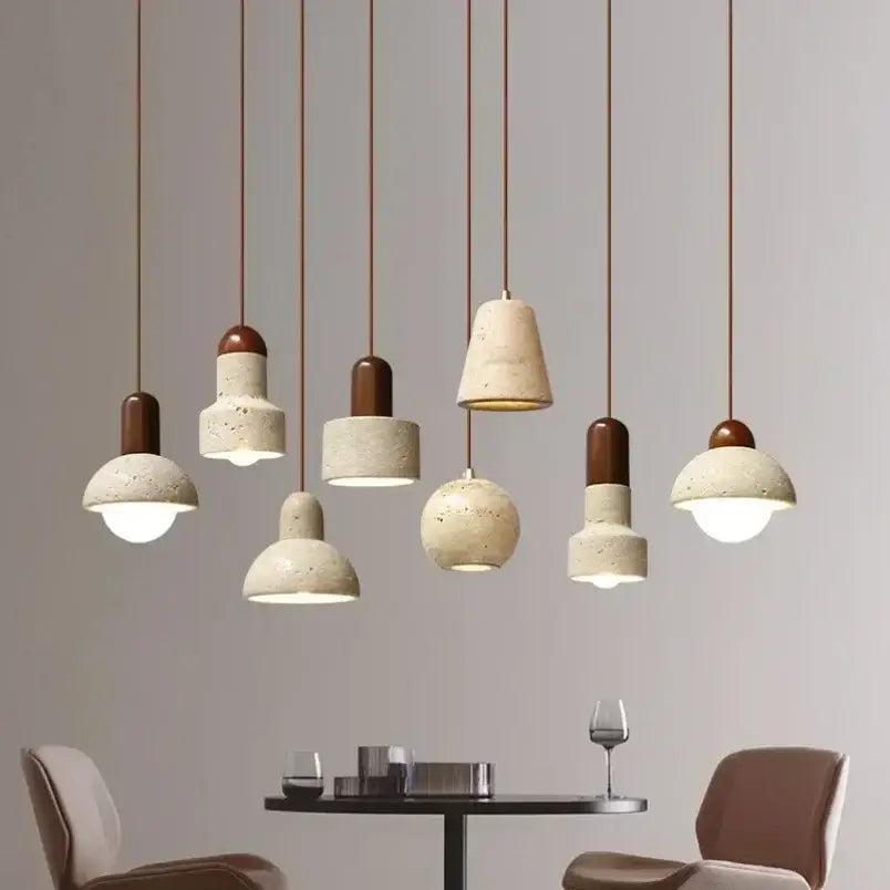 A set of decorbites elegant wabi pendant lights with beige concrete shades and brown wooden accents for dining rooms