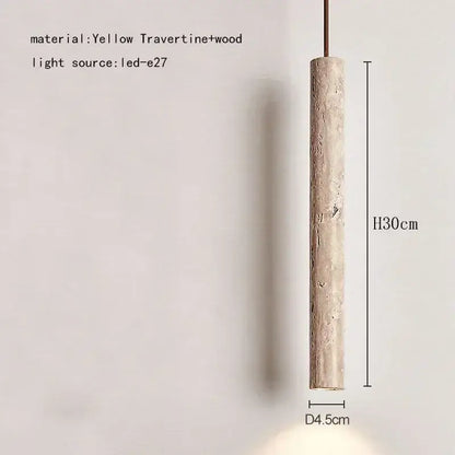 A cylindrical yellow travertine and wood pendant light with led e27 bulb for decorbites elegant wabi dining room decor