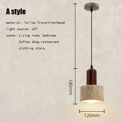 A modern pendant light with a yellow travertine base and dark brown wooden top for decorbites elegant wabi dining decor