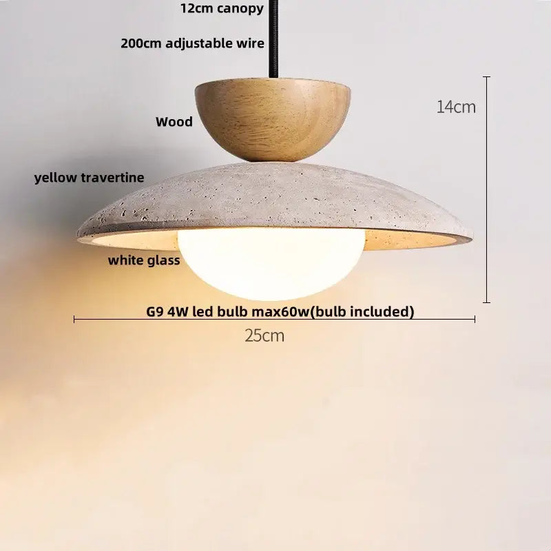 Wabi sabi beige and brown pendant light fixture with wooden canopy yellow travertine shade and white glass diffuser