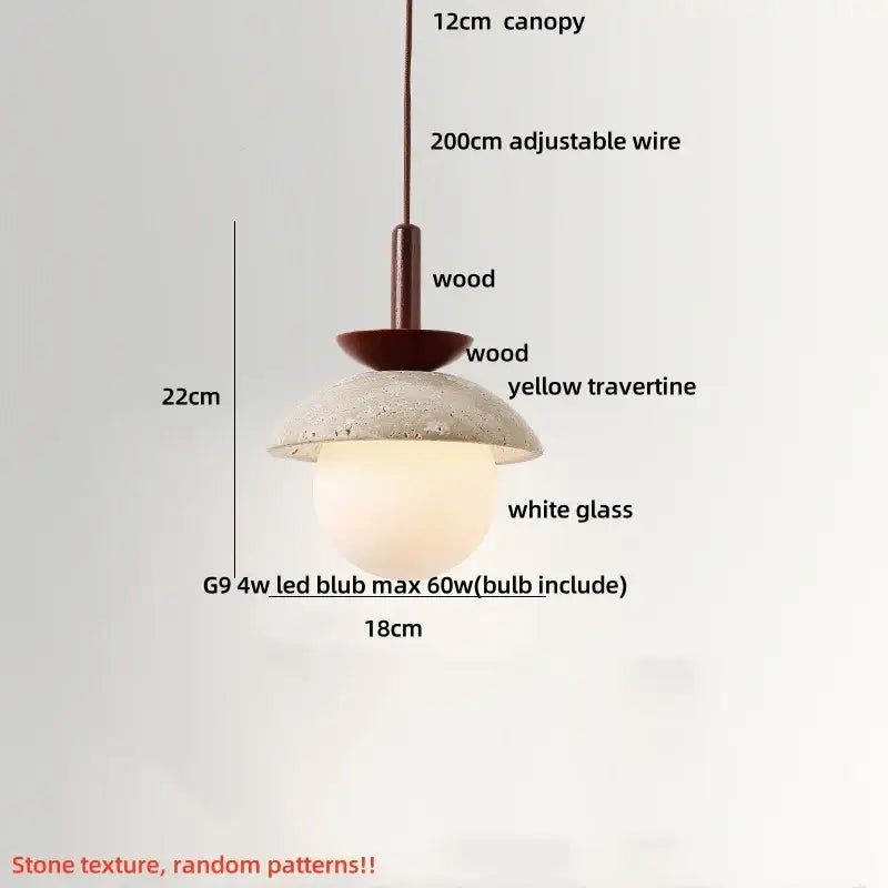 Wabi sabi beige and brown pendant light fixture with wood base, yellow travertine stone shade, and white glass globe
