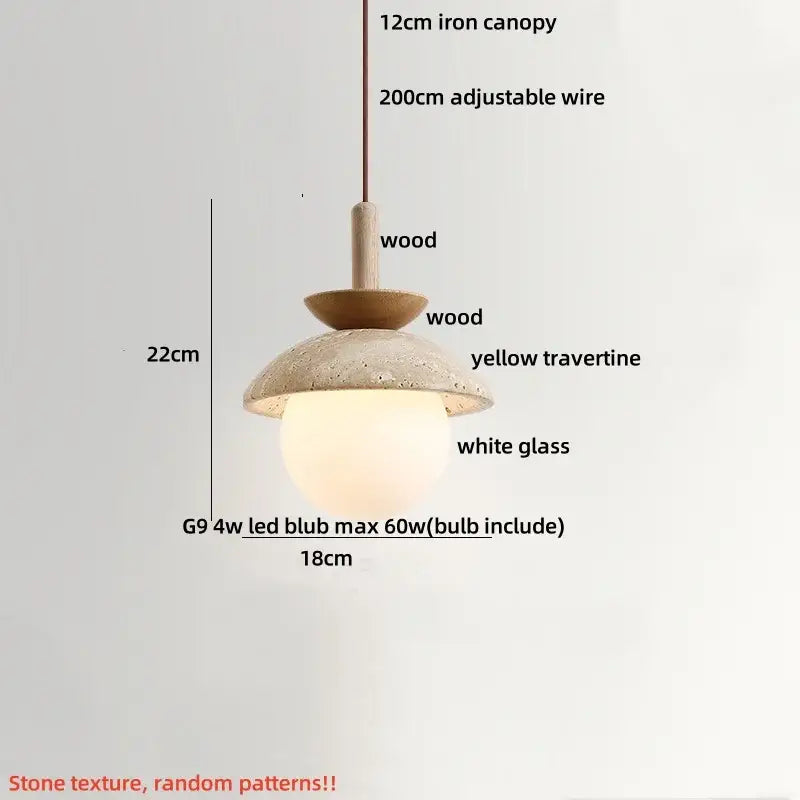 Wabi sabi beige and brown pendant light fixture with 12cm iron canopy wood accents and yellow travertine shade