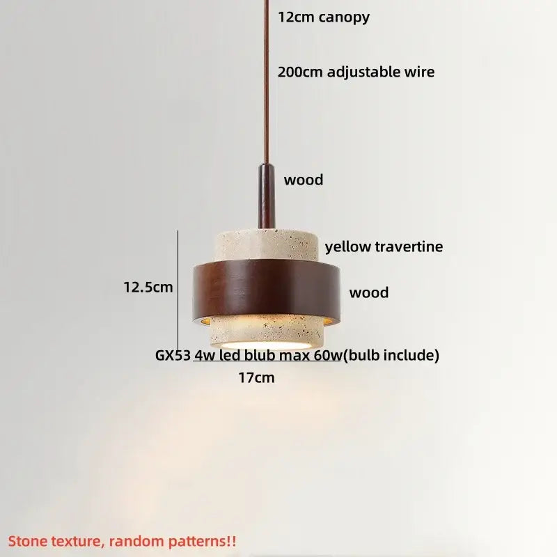 Wabi sabi beige and brown pendant light fixture with yellow travertine stone and dark wood rings for living room