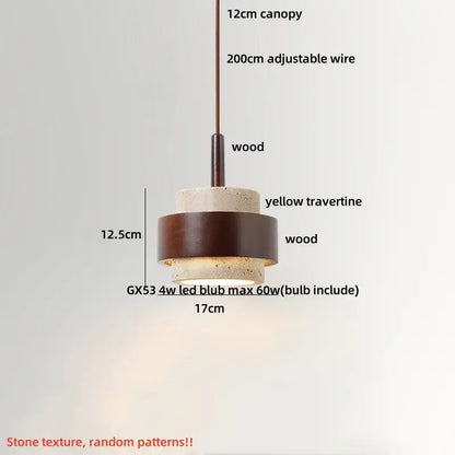 Wabi sabi beige and brown pendant light fixture with yellow travertine stone and dark wood rings for living room